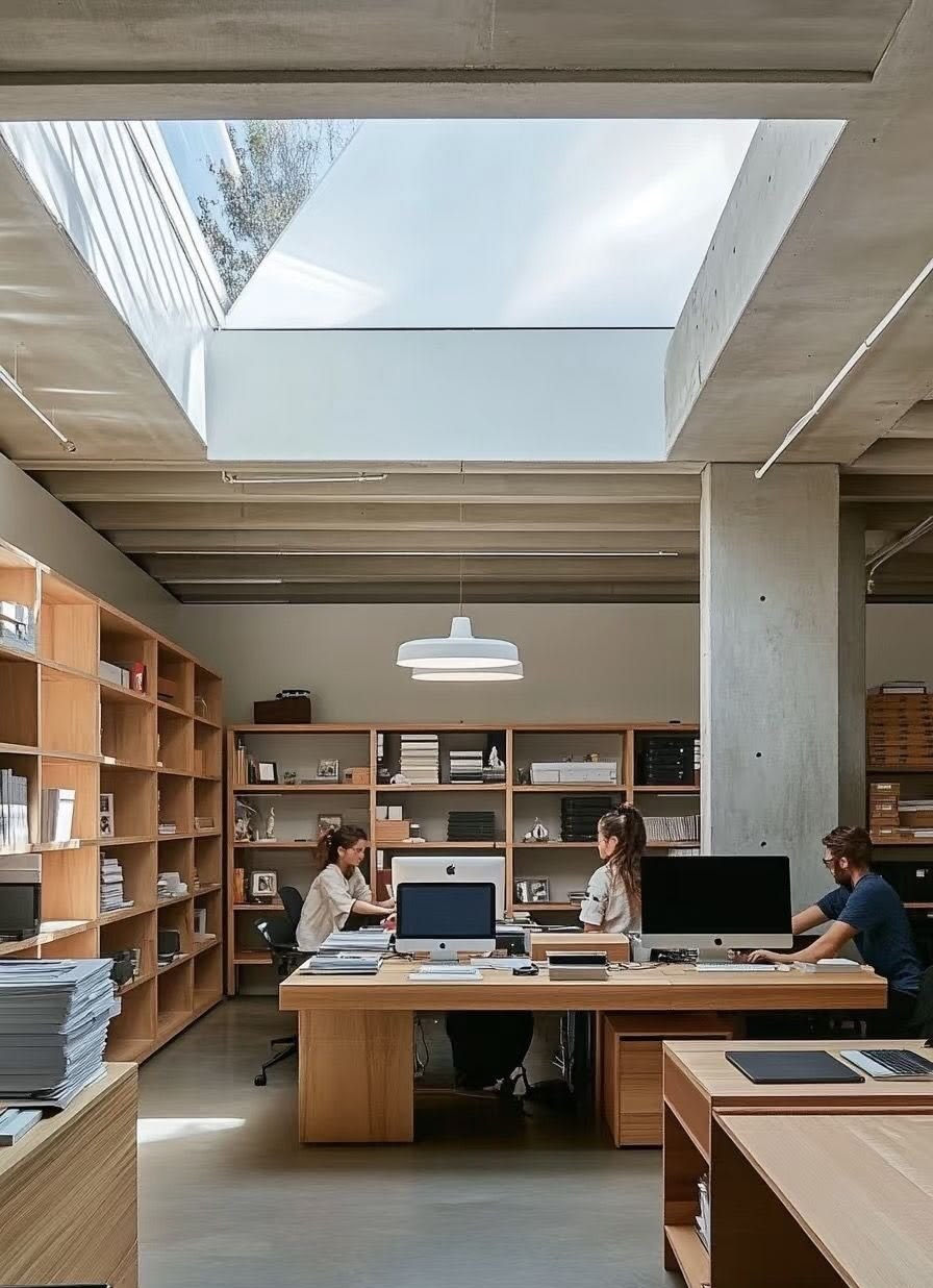 Atelier de conception — bibliothèque, maquettes, lumière naturelle